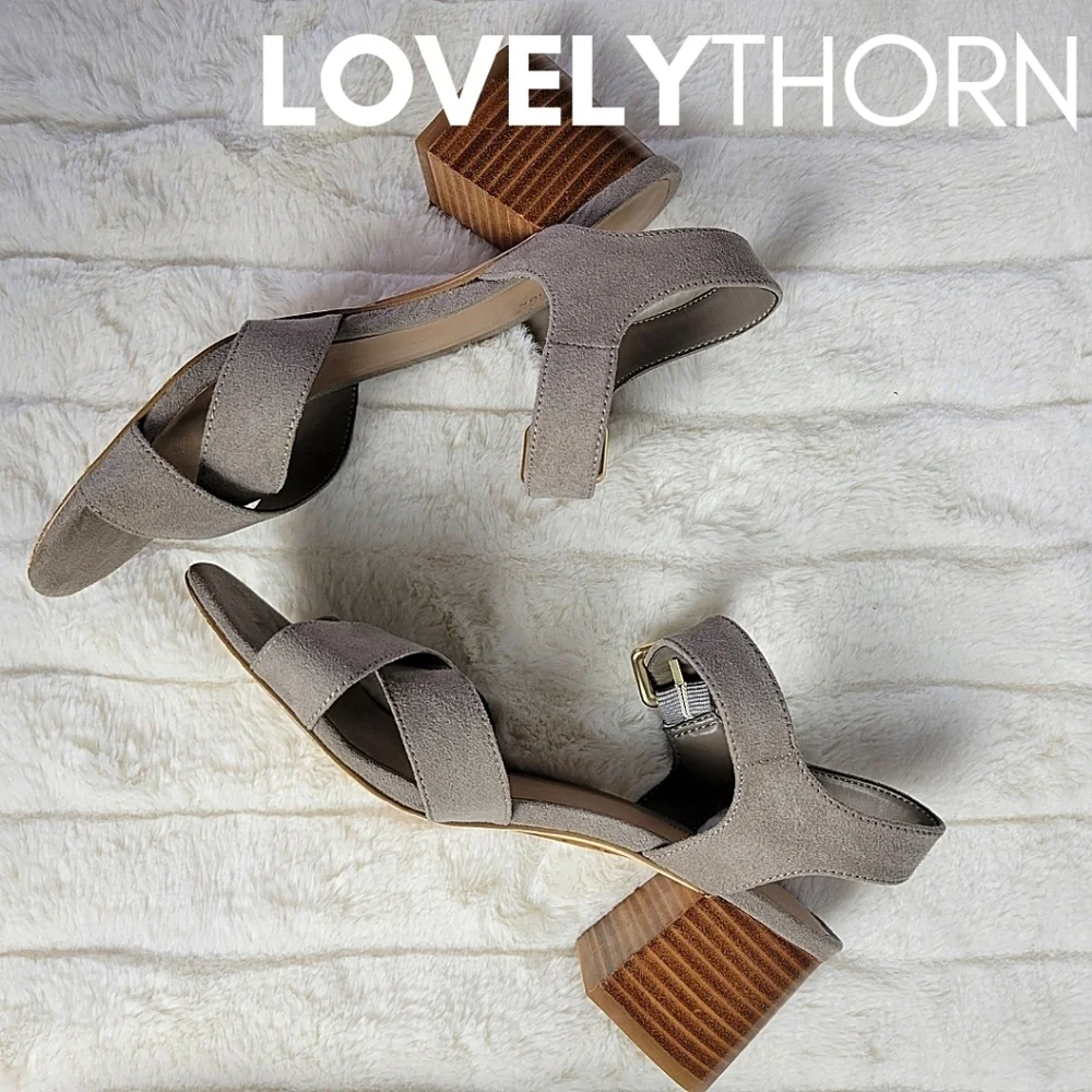 14th & UNION // taupe grey suede adjustable ankle strap heeled sandals